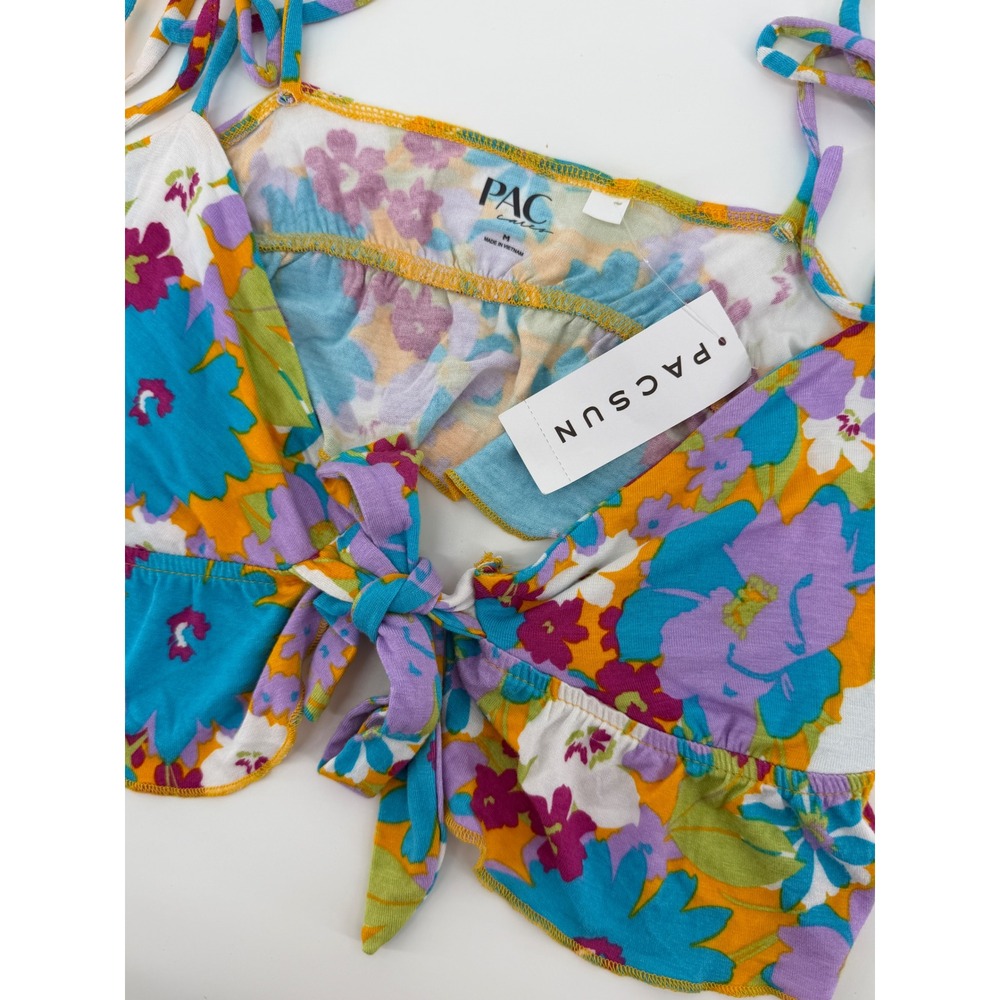 PacSun‎ PACcares Floral Tie Front Crop Top Blue Purple Orange Yellow Size Medium